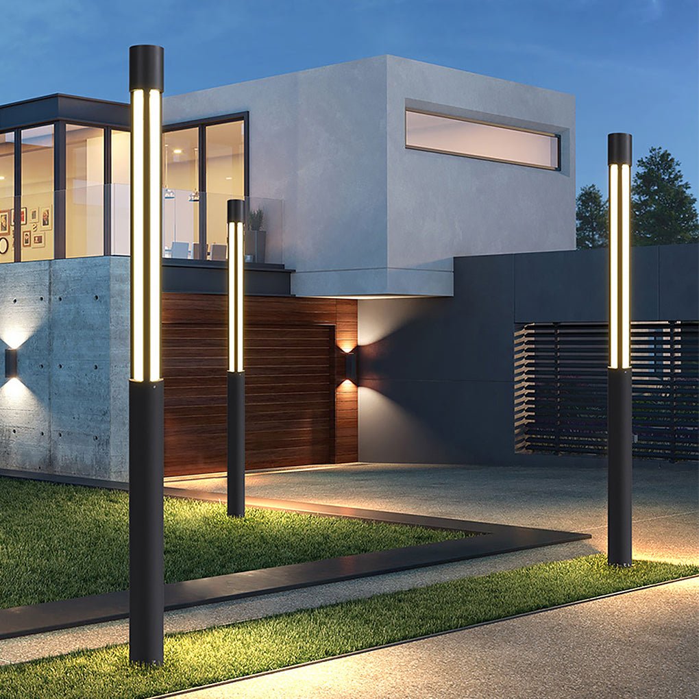 Residential bollard lights modern cylindrical LED landscape pathway driveway — 31 to 47 inch sets