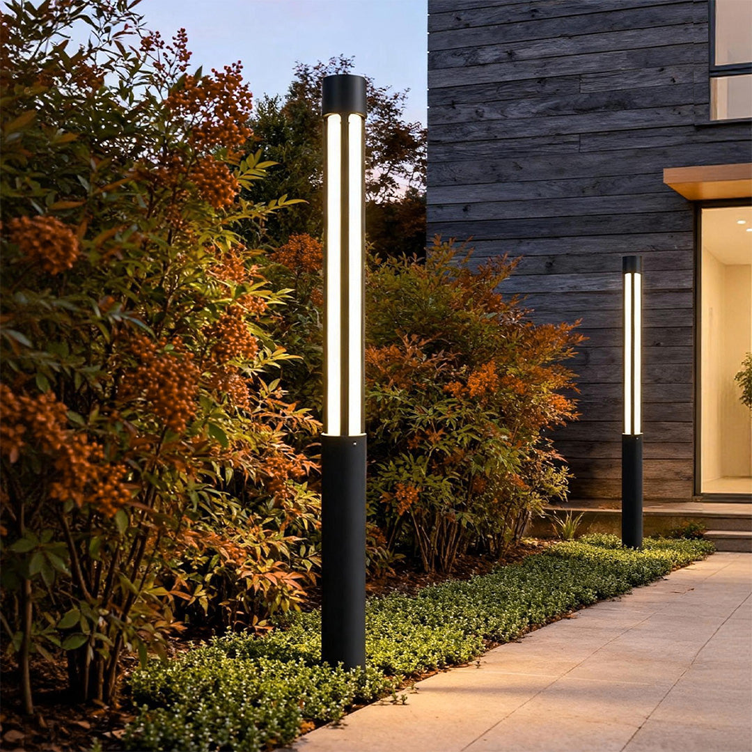 Residential bollard lights modern cylindrical LED landscape — garden walkway installed