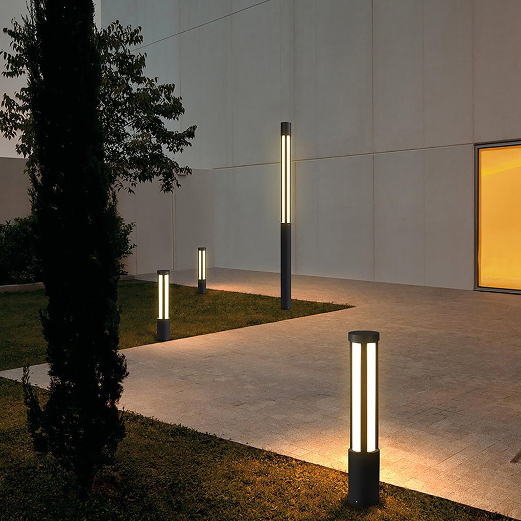 Residential bollard lights modern cylindrical LED landscape pathway — solar eco-friendly