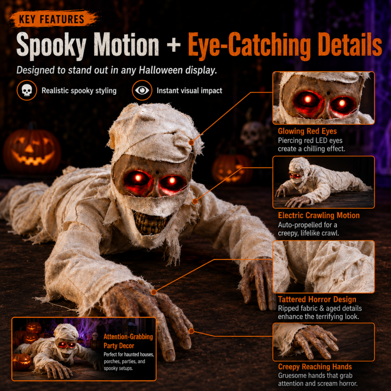 Crawling mummy animatronic shown at 41.7 inches long