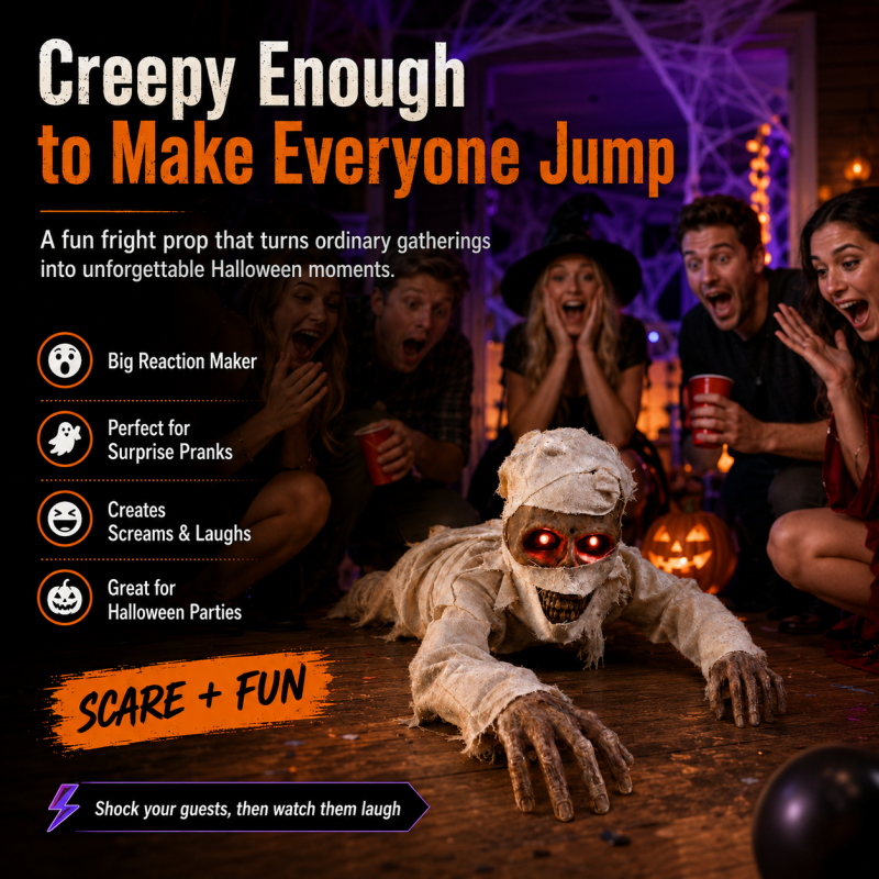 Glowing red LED eyes on the crawling mummy prop