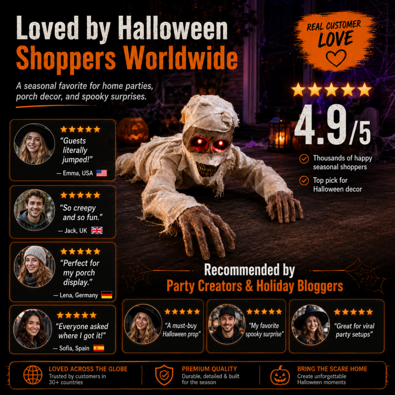 Electric crawling mummy Halloween animatronic, full view