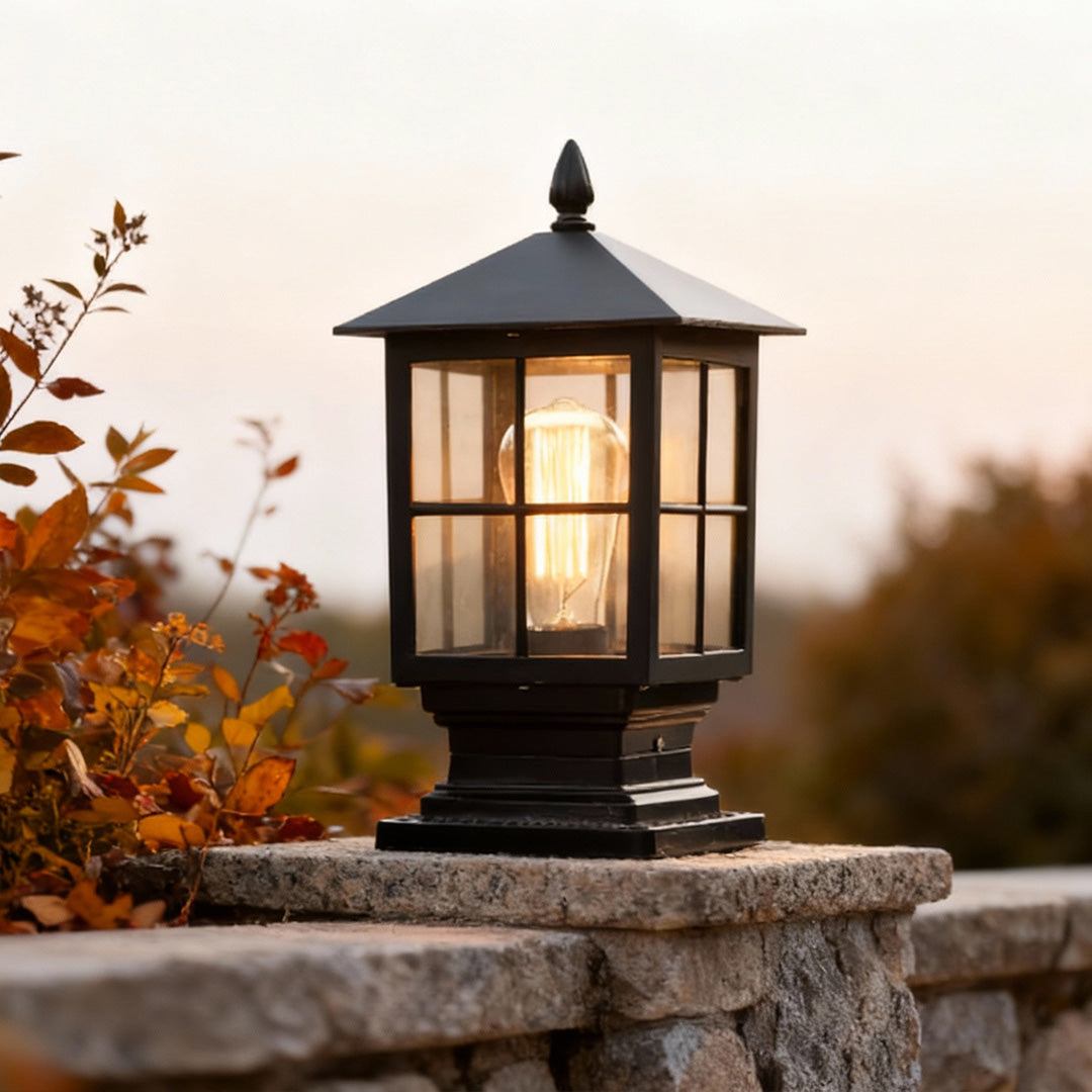 Stone Light Pillar Traditional Black Waterproof LED Driveway Entrance — Solar & Hardwired Sets