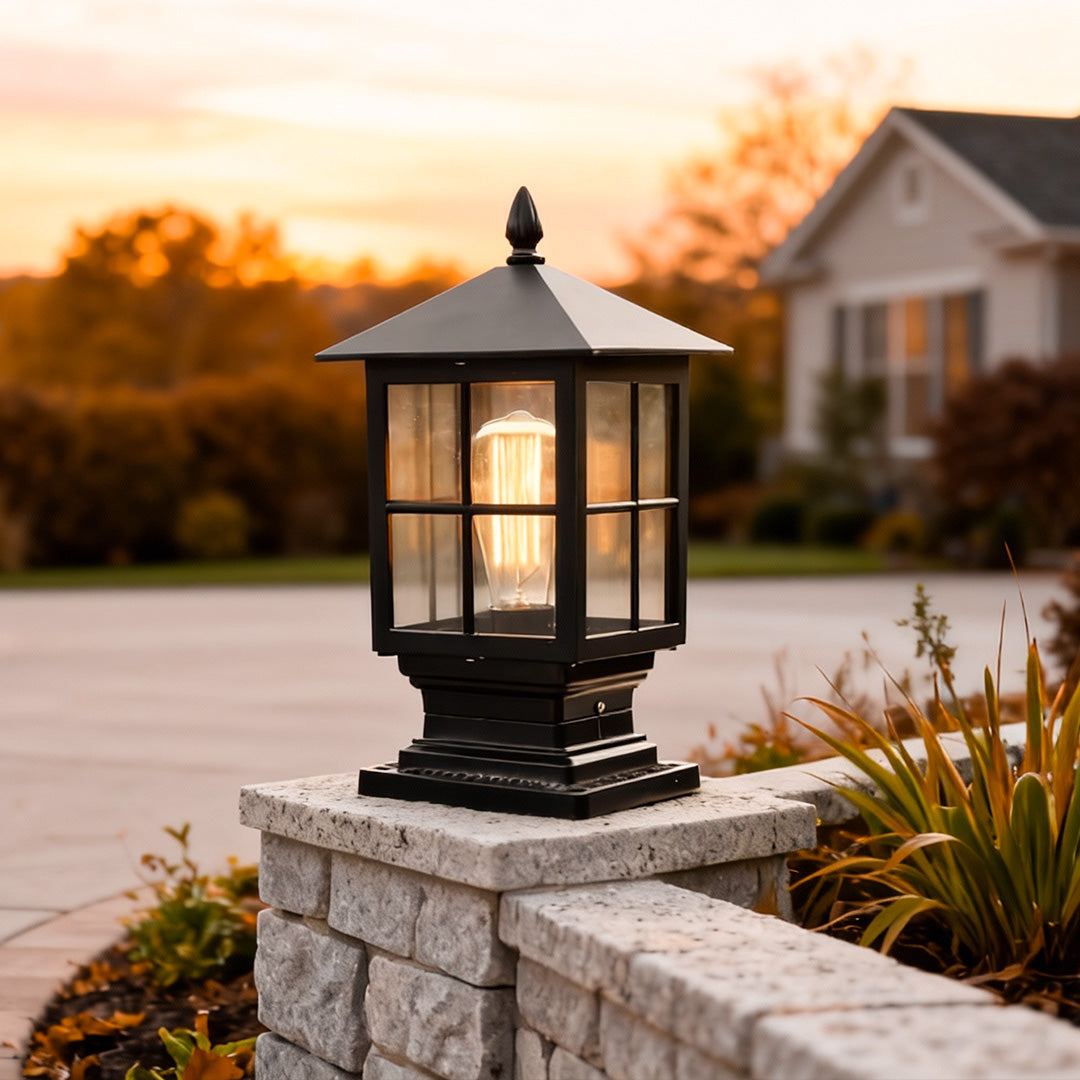 Stone light pillar traditional black waterproof LED driveway entrance — solar and hardwired sets