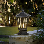 Stone Pillar Light Fixture Retro Pavilion-Style LED Solar & Hardwired Outdoor — Black Bronze Sets