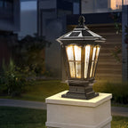 Stone pillar light fixture retro pavilion-style LED solar and hardwired outdoor — black bronze sets