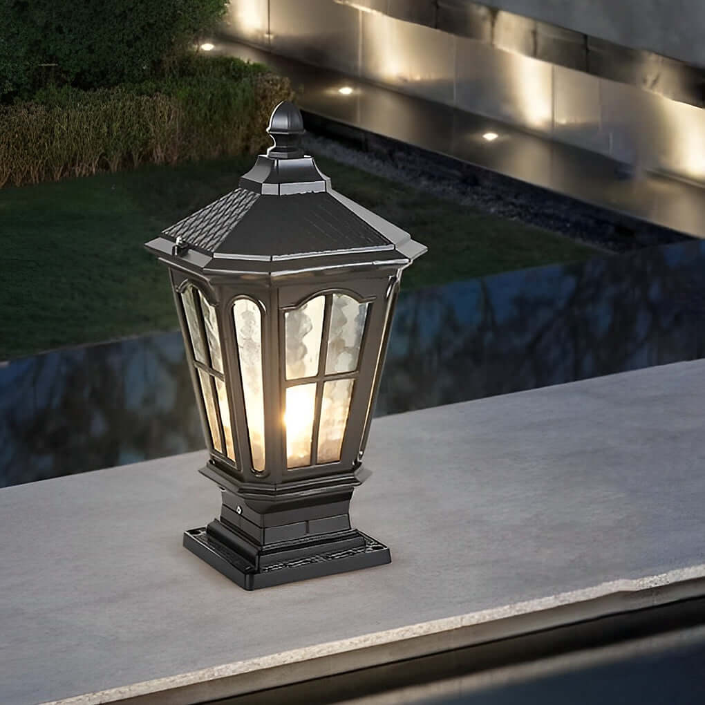 Stone Pillar Light Fixture Retro Pavilion-Style LED Solar & Hardwired Outdoor — Black Bronze Sets