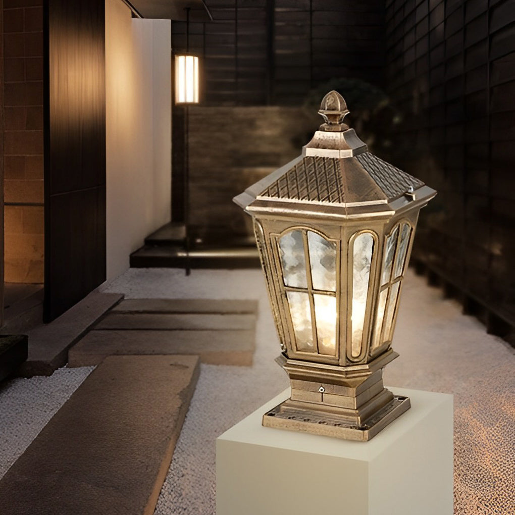 Stone Pillar Light Fixture Retro Pavilion-Style LED Solar & Hardwired Outdoor — Black Bronze Sets