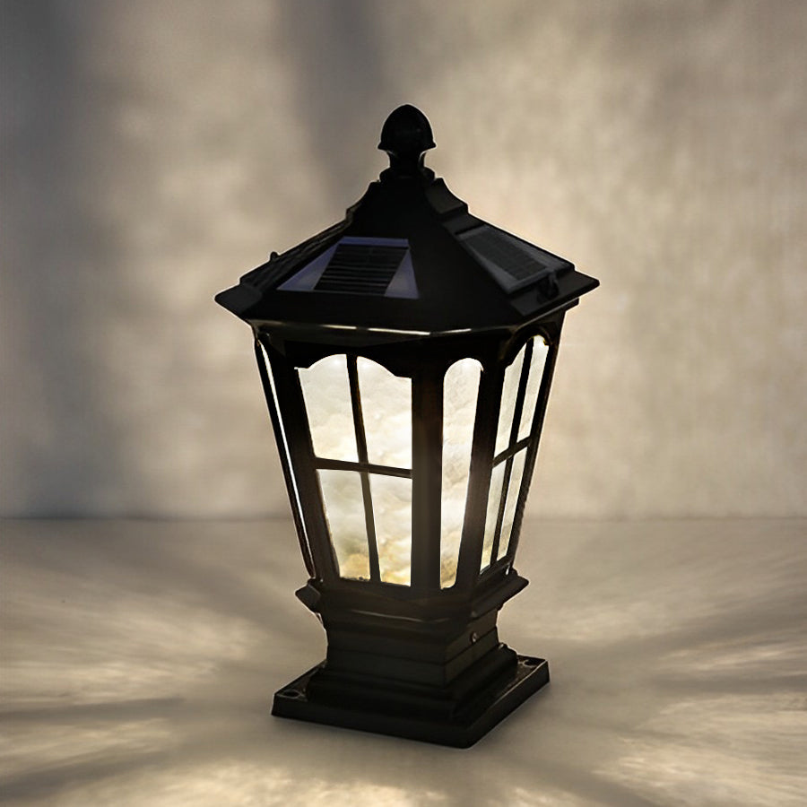 Stone Pillar Light Fixture Retro Pavilion-Style LED Solar & Hardwired Outdoor — Black Bronze Sets