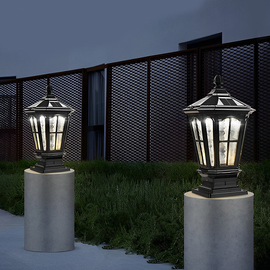Stone Pillar Light Fixture Retro Pavilion-Style LED Solar & Hardwired Outdoor — Black Bronze Sets