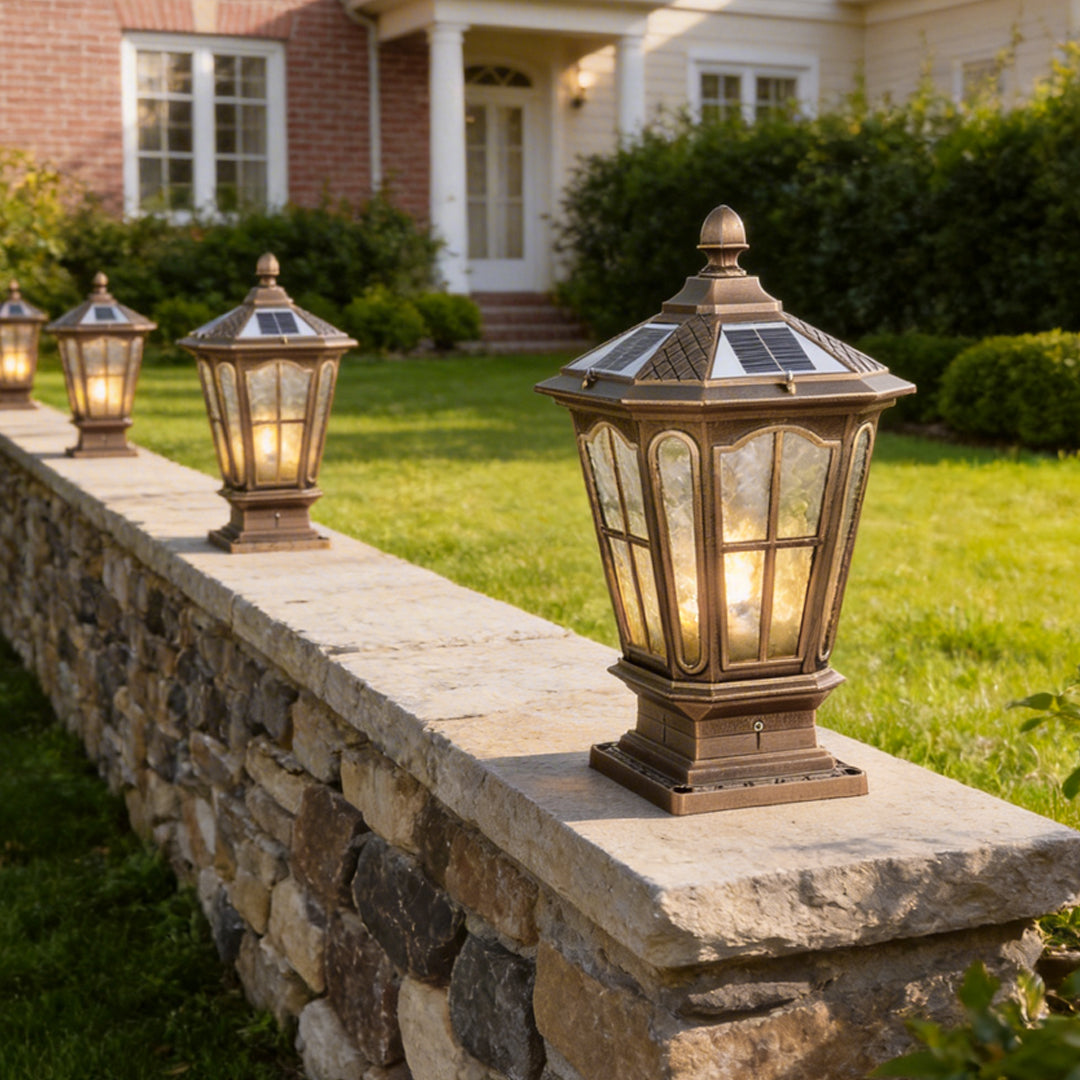 Stone Pillar Light Fixture Retro Pavilion-Style LED Solar & Hardwired Outdoor — Black Bronze Sets