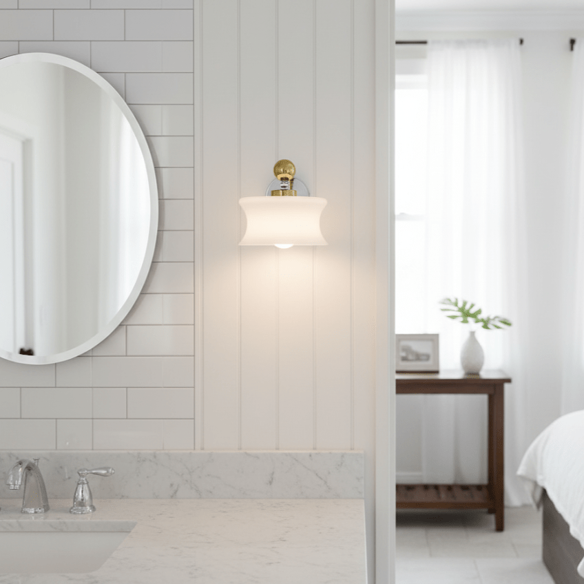 Adorn Metal Glass Wall Sconce Modern LED Bedroom Dining Room Hallway — Beige White