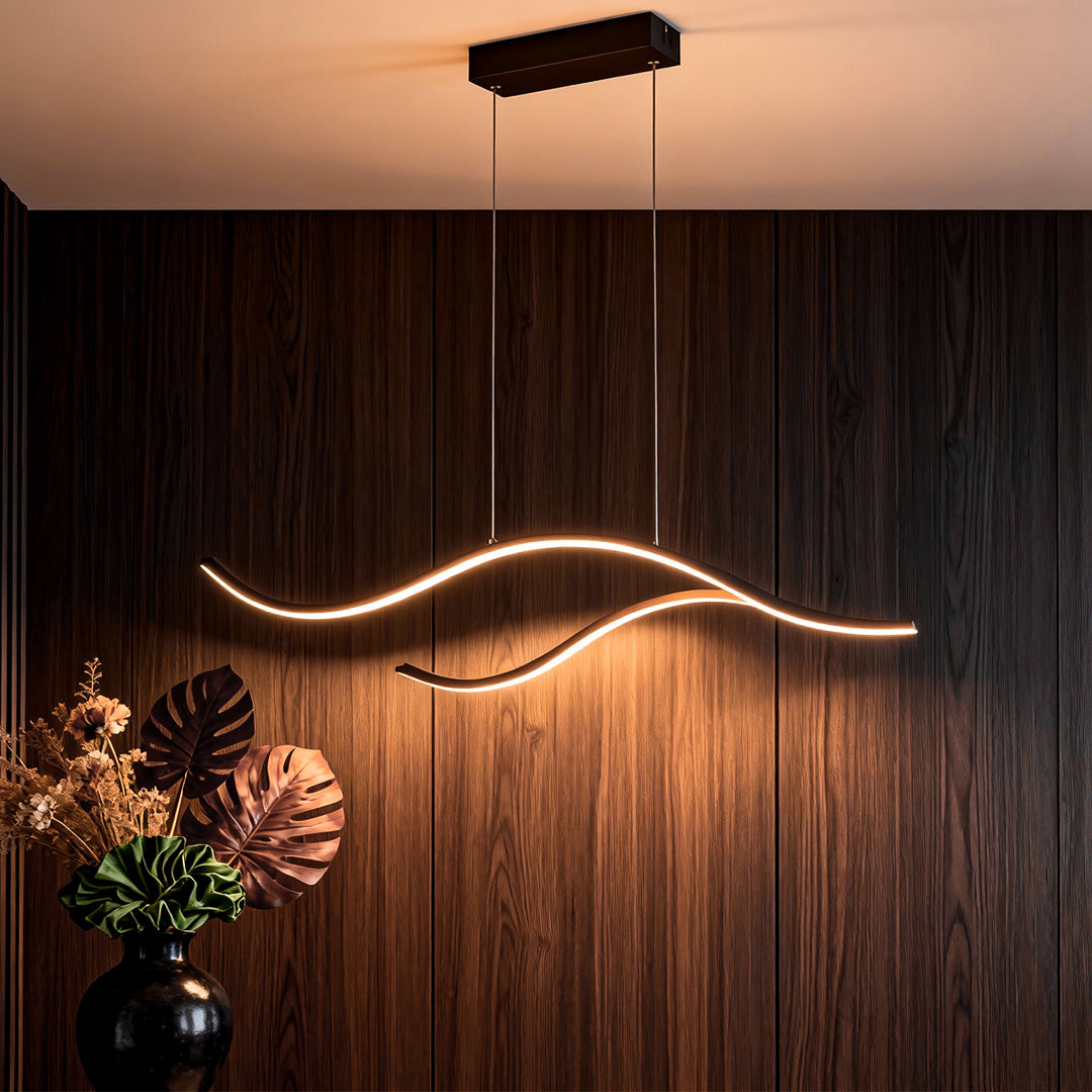 Curved Wavy LED Pendant Light Metal Dimmable Dining Room Kitchen Island — Black Gold Chrome