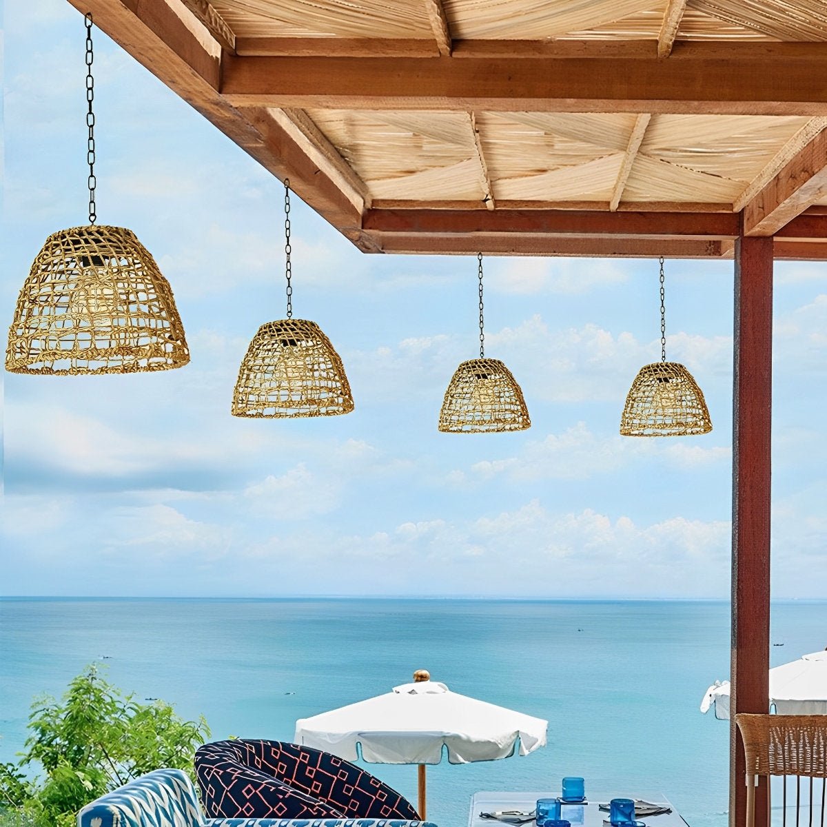 Havana Solar Outdoor Pendant Lantern, Bell Rattan Waterproof, Hanging Patio Light