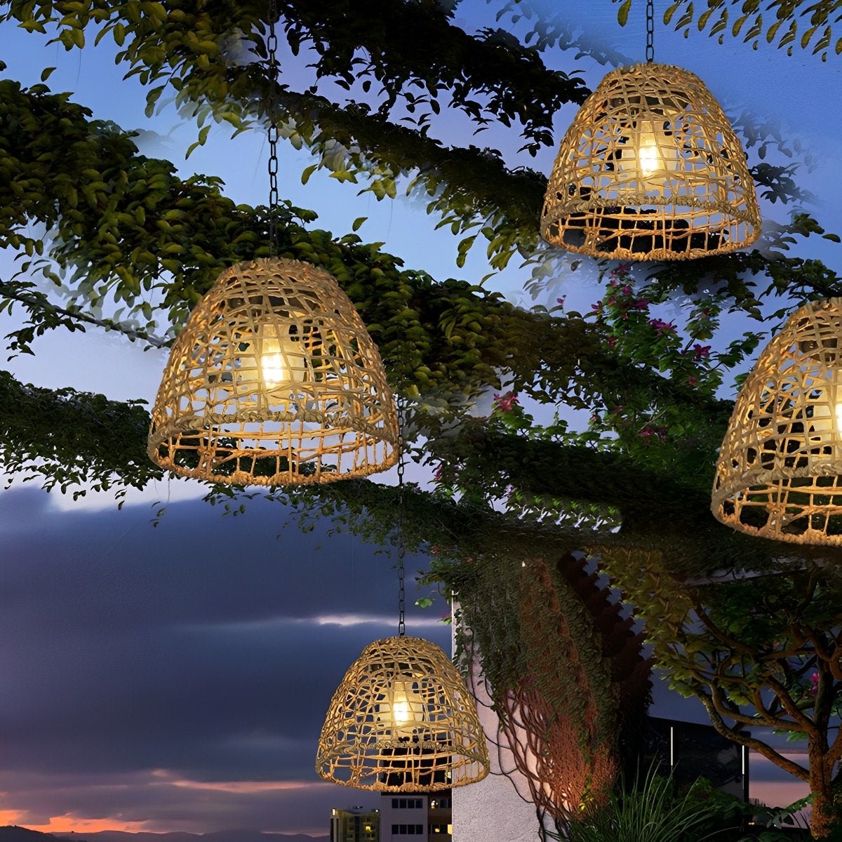 Havana Solar Outdoor Pendant Lantern, Bell Rattan Waterproof, Hanging Patio Light